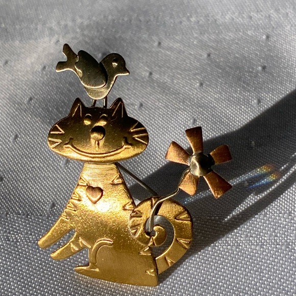 Cat Bird Figure Tri-tone Artisan Brooch Pin - Picture 12 of 16